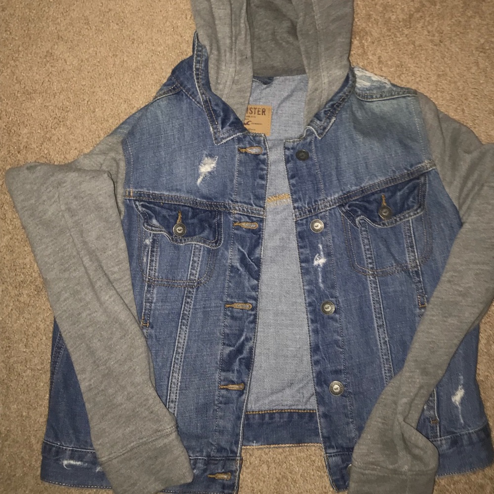 Distressed hollister jean jacket with hoodie